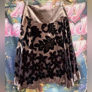 Velvet A-Line Floral Paneled Skirt - Brown